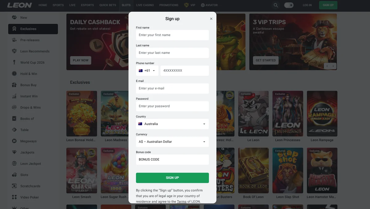 LEON Casino Sign up